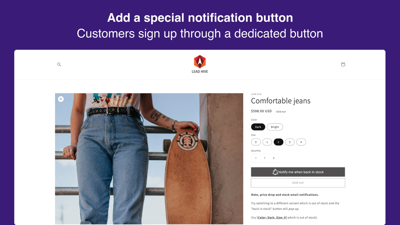 An out-of-stock product page with the app's “Notify me when back in stock” button under the variant picker.