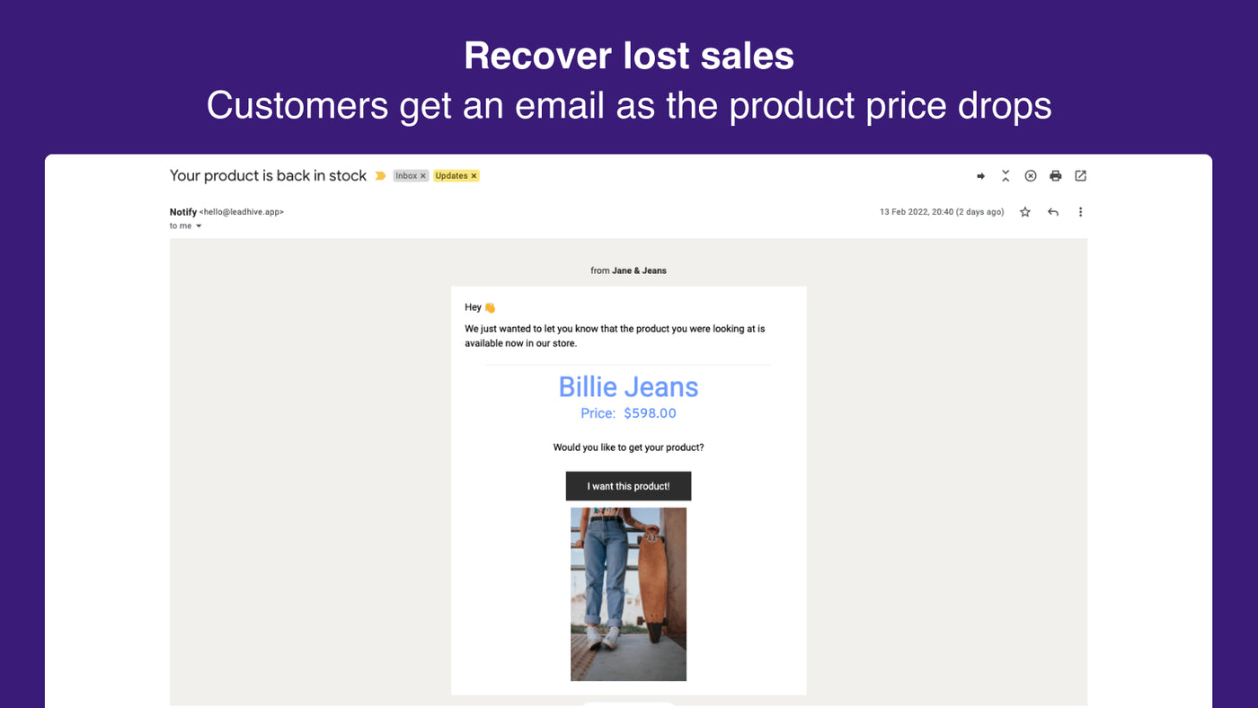 A back-in-stock email in a customer's inbox, showing the product that returned and its price.