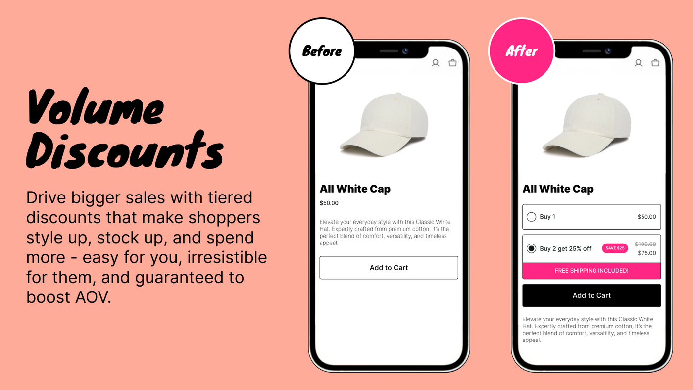 A product page showing a tiered volume discount — buy two, get 25% off — before and after the app.