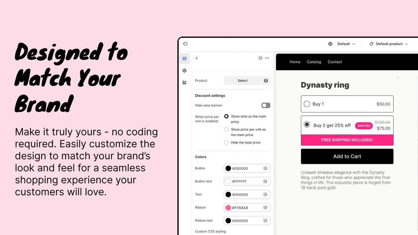 The design settings, with colour and label controls beside a live preview of the widget on a product page.