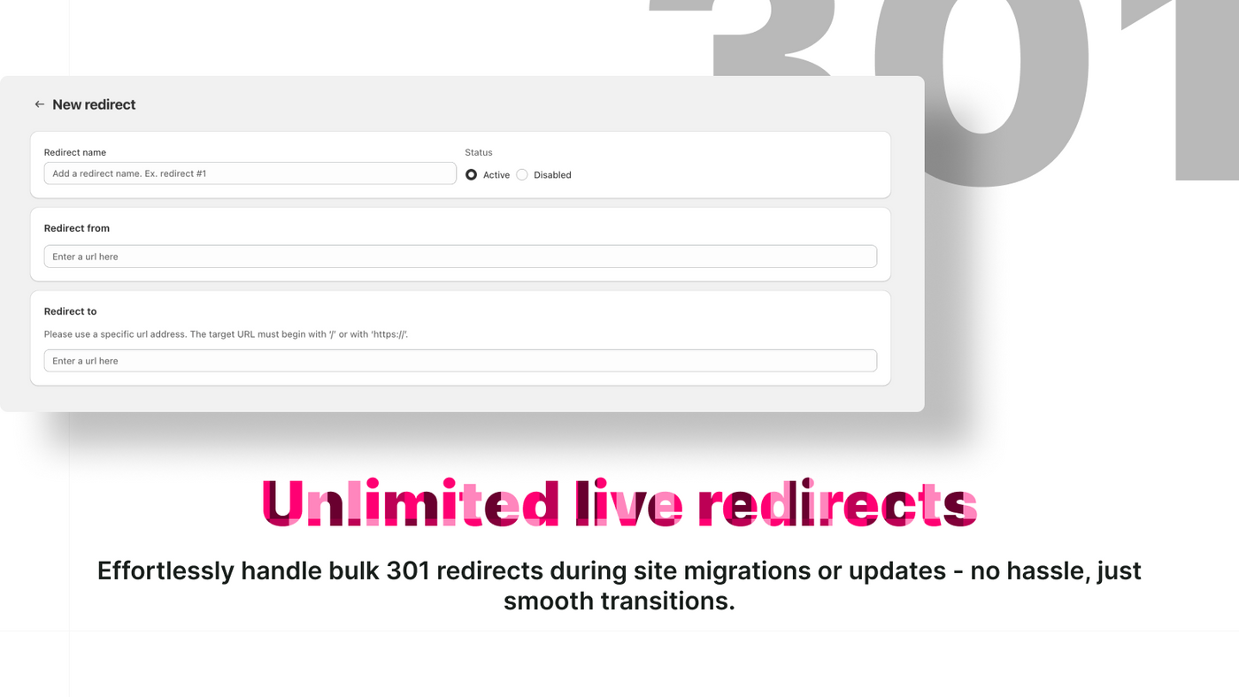 The new-redirect form, where an old URL is mapped to its replacement and set live.