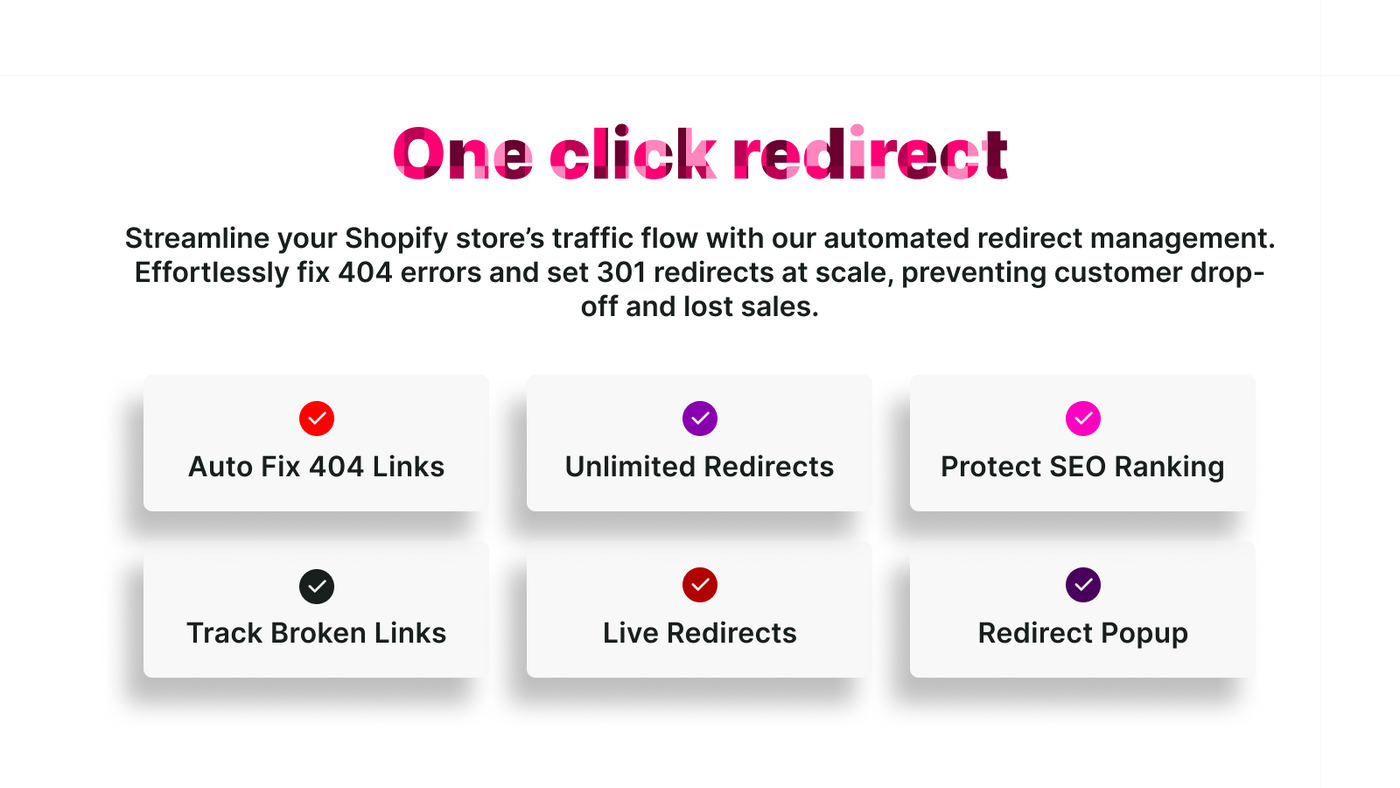 The app's feature list, including automatic 404 fixing, unlimited redirects and SEO ranking protection.