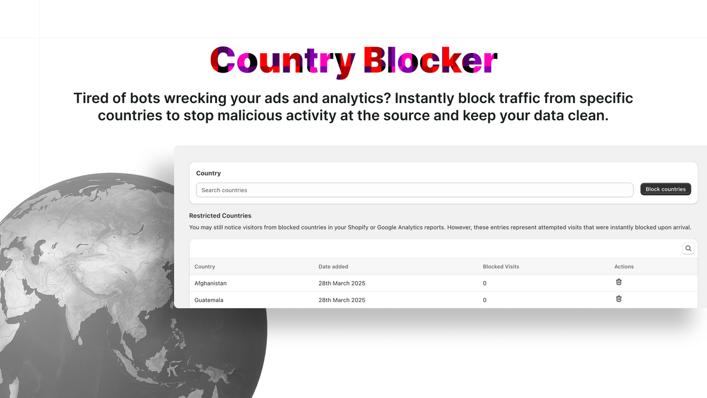 The country blocker, with a searchable country list and a table of restricted countries and blocked visits.