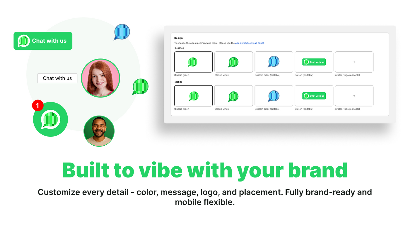 The app's design panel, showing chat bubble styles and separate desktop and mobile placement options.