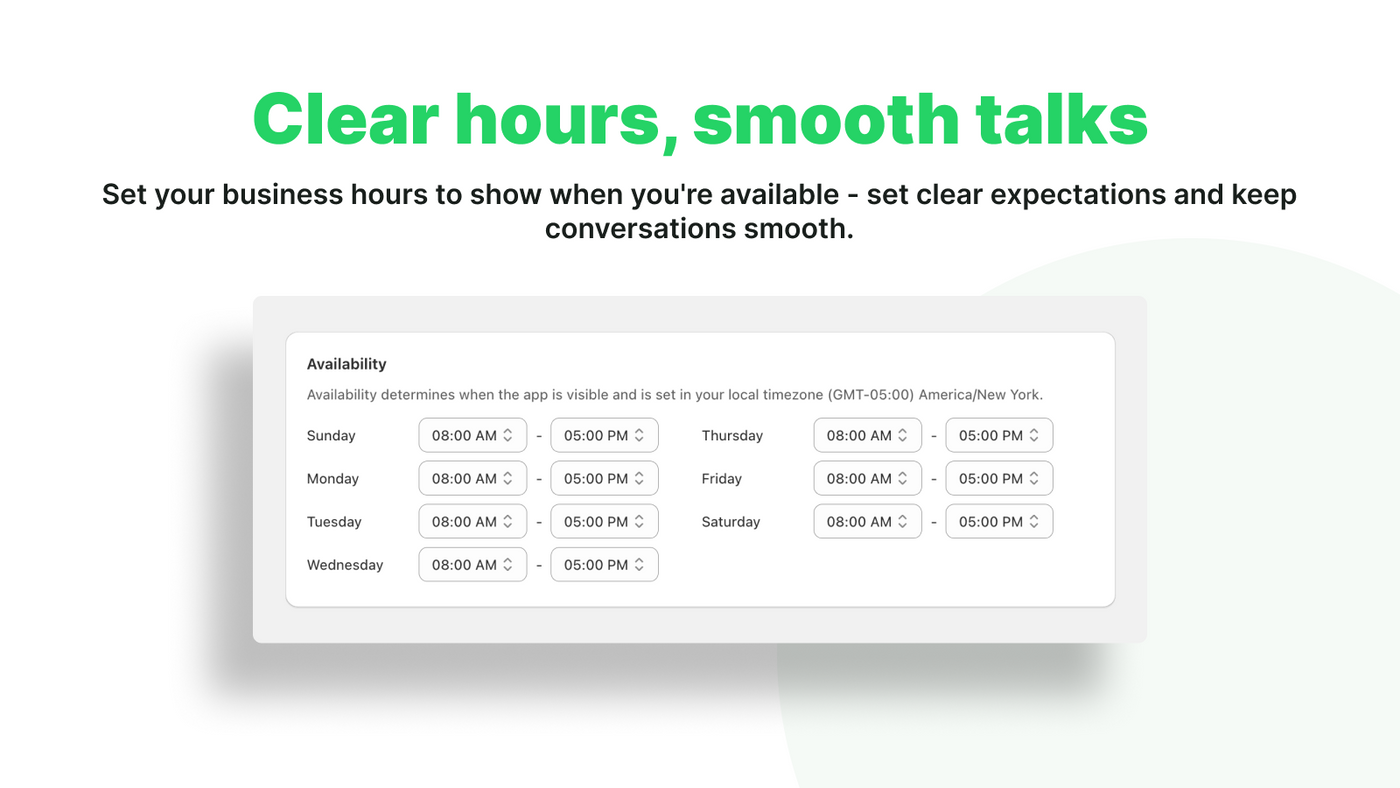 The availability screen, with opening and closing times set for each day of the week.