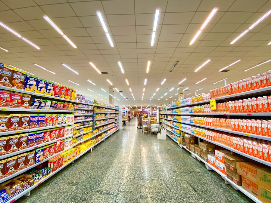 Supermarket aisle of multi-pack consumer goods