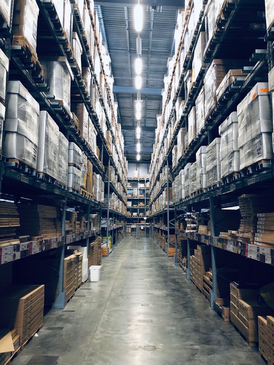 Warehouse aisle lined with stocked shelves